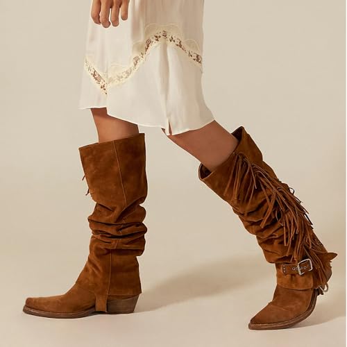 Yolkomo Over The Knee Cowboy Boots for Women with Fringe Buckle Belts Chunky Heel3