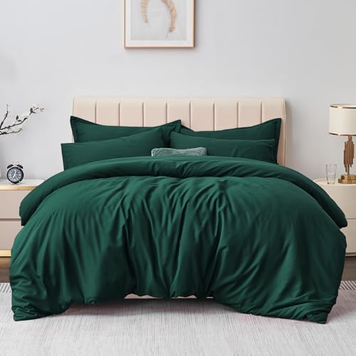 Image of Aisbo Double Duvet Covers Set Emerald Green - 3Pcs Bedding Set Double Bed Soft Brushed Microfiber Quilt Cover with 2 Pillowcases