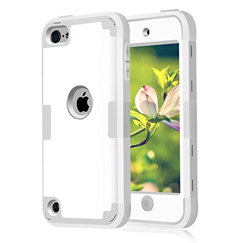 Case for iPod Touch 2019 iPod 5 6 7 Case, Dual Layered 3 in 1 Hard PC Case + Silicone Shockproof Heavy Duty High Impact Armor Hard Case Cover for Apple iPod Touch 5th 6th 7th Generation (White+Gray)