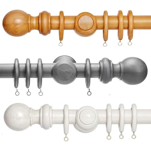 Hani Wooden Curtain Pole – 28mm Curtain Poles for Eyelet Curtains – Premium Quality Curtain Rail Set with Finials, Rings and Brackets for Windows Door (Beechwood, 240cm)