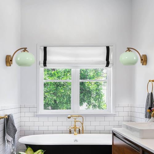 Image of Green Glass Kitchen Sconce Light Brushed Gold Bathroom Vanity Light Vintage Hardwired Wall Sconce Set of 2 Mid Century Modern Wall Lighting