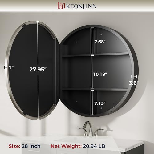 Image of Keonjinn 28 x 28 Inch Round Medicine Cabinets for Bathroom, Brushed Nickel