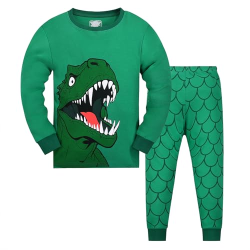 Codkkre Schlafanzug Jungen Kinder Pyjama Junge Dinosaurier Langarm Baumwolle Winter Weihnachten Nachtwäsche Gr.128, Grün/Dinosaurier