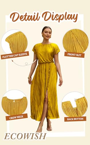 Image of ECOWISH Women Maxi Dresses Cocktail Party Wedding Guest Formal Pleated Long Dress Short Sleeve Slit Empire Waist Evening Gown
