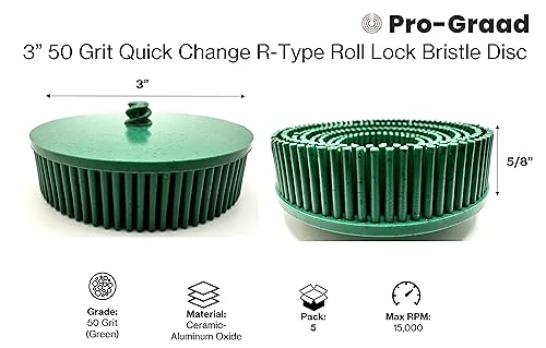 Image of 5 Pack 3 inch 50 Grit Green R-Type Bristle Disc | Ceramic-Aluminum Oxide Abrasive Bristle Disc with Quick Change Roll Lock | Pack of 5 | Green