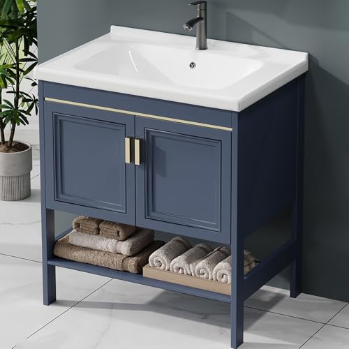 HTTGDGDH Meuble Vasque Moderne avec Lavabo sur Pied, Petit Meuble-Lavabo avec Vasque Rectangulaire en Céramique, 2 Portes Et 1 Étagère Ouverte, Bleu, L 61...
