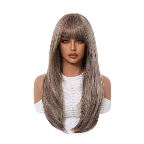 Perruque synthétique frange lisse marron taupe fibre thermique ondulé frisé