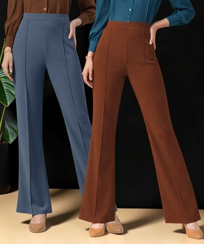 Image of Women Solid Flared Trousers Pack of 2 | High Waist Stretchable Office Pants for Women | Formal Bell Bottom Palazzo Trouser Combo
