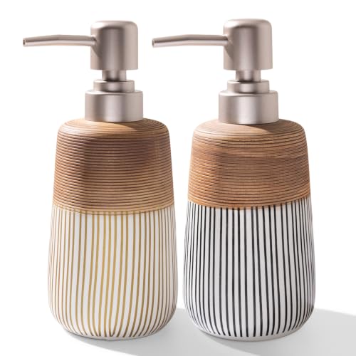 Image of 2 Pcs Ceramic Soap Dispenser Set, 16 Oz Refillable Liquid Soap Dispensers with Embossed Texture for Bathroom Countertop and Kitchen Sink, Hand Soap, Dish Soap & Lotion Bottles, Modern Home Decor