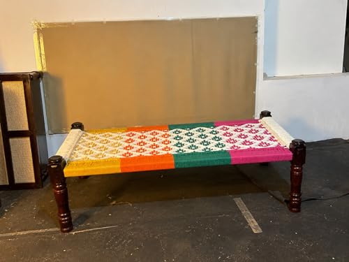 Image of Handwoven Wooden Bench | Traditional Rope Charpai Stool | Solid Wood Frame Seating for Living Room, Balcony & Outdoor | Durable & Stylish Design (Multicolor Finish)