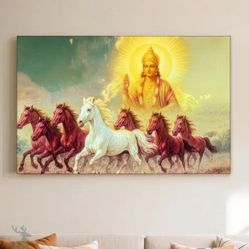 Image of PAINTINGMANRA Shurya Dev 7 Running Horses Canvas Wall Art Painting For Living Room Seven Horse Vastu Feng Shui Canvas Painting Positive Energy Wall Art For Home, Office, 22x34 Inch