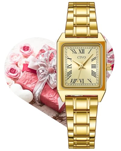 CIVO Vintage Damenuhr Eckig Klein: Gold Armbanduhr Damen Edelstahl Analog Quarz - Kleideruhr für Formelle Anlässe, Alltagskleidung, Hochzeiten, Büro