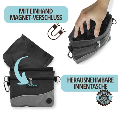 PetLove Leckerlibeutel für Hunde • Futterbeutel mit Magnetverschluss • Inklusive Kotbeutelspender & verwendbar als Bauchtasche • Grau