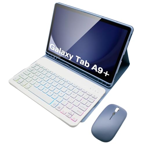 Keyboard Case for Samsung Galaxy Tab A9 Plus 11 Inch (SM-X210/X216/X218),7 Color Backlight Keyboard with Dual Mode Wireless Mouse (Lavender Purple)