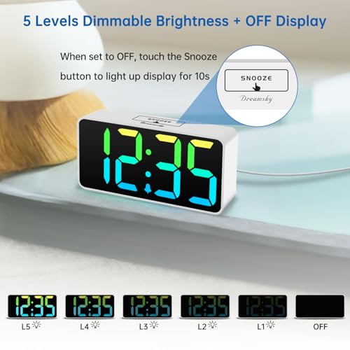 Image of DreamSky Small Digital Alarm Clock for Bedroom, RGB Desk Clock for Kid Girl | Electric Clock with Large Numbers for Bedside Nightstand, Dimmer, Adjustable Alarm Volume, USB Port, USB-C Adapter Powered