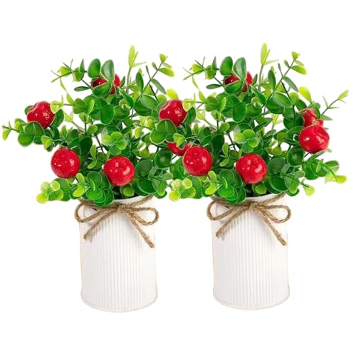 Stibzeup 2 Piezas de Plantas de Fresa Artificiales, Fresas Falsas en macetas eucalipto con Maceta de Metal, Ramo de Frutas Artificiales para la Mesa de la Granja decoración del hogar