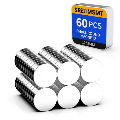 SRENMSMT Small Magnets, 60 Pack Neodymium Magnets, Refrigerator Magnets, Mini Magnets, Disc Magnets, Small Magnets for Fridge, DIY, Whiteboard, Billboard in Home, Kitchen, Office, School-12x3mm