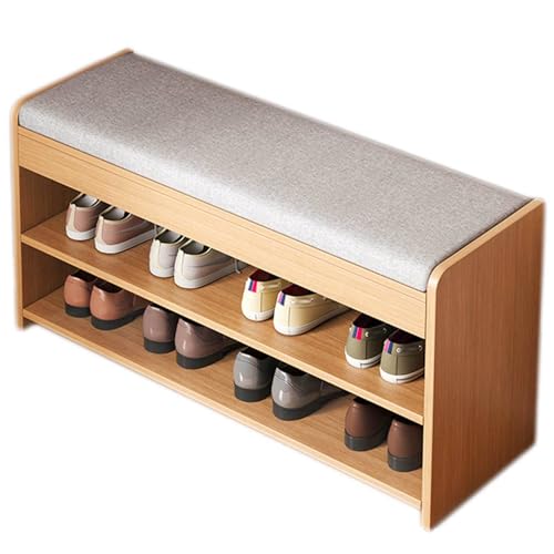 Banco de zapatos con estante de rabia, calzado de 2 niveles con asiento acolchado para entrada, pasillo, dormitorio, elegante zapatero de madera, 31.5 pulgadas de largo x 9.5 pulgadas de ancho x 16.9