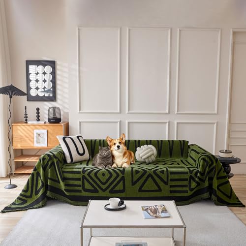 VClife Bohemian Sofa Covers, Modern Olive Green Black Checkered Jacquard Couch Cover for Dog, 2-Seaters Sofa Slipcover for Pet, Multi-Functional Furniture Protector for Living Room, 71"x118"