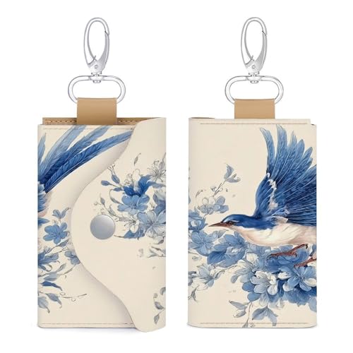 Blue And White Bird Vintage Key Holder Bag PU Leather ID Card Holder Keychains Case Cover for Men Women3