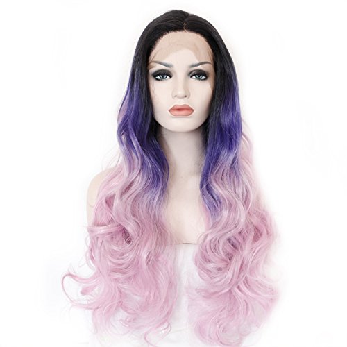 Ebingoo Purple Blue Black Ombre Long Wavy Synthetic Lace Front Wig 24 inch