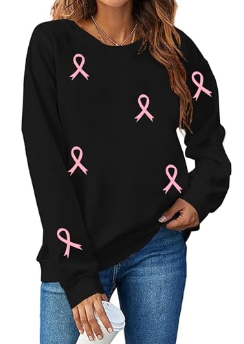 Breast Cancer Sweatshirt Women: Pink Ribbon Pullover Breast Cancer Awareness Hoodie Cancer Fighter Long Sleeve Tops