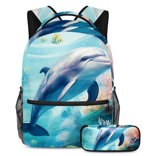 Cartables de grande capacité avec trousse bleu océan World Whale pour ado