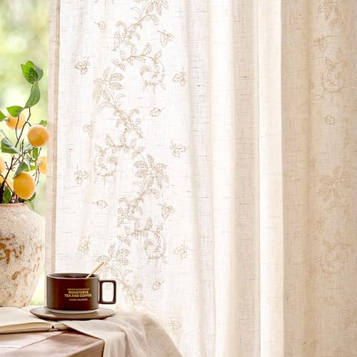 Image of jinchan Floral Linen Curtains, Back Tab 50x96 Inch, 2 Panels Ivory