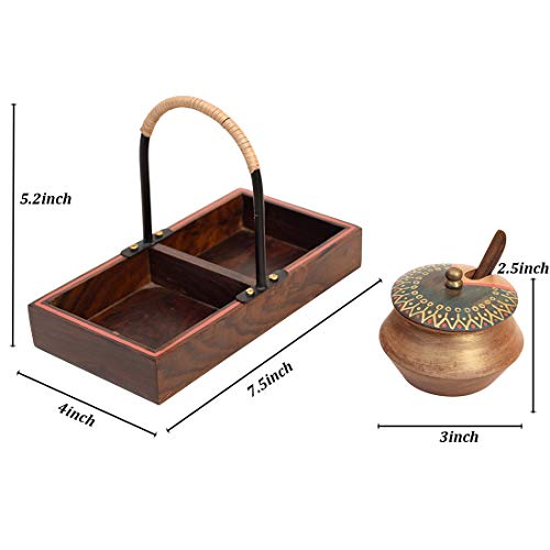 Image of AAKRITI ART CREATIONS Wooden Handi Set with Stylish Metal Handle Tray | Abstract Art Brown Matte Finish | Metal & Wood Handcrafted Serving Set | Decorative Kitchen & Dining Table Organizer