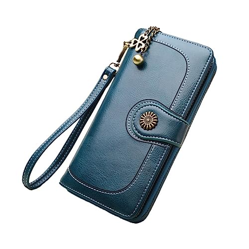 SAFIGLE Oil Wax Leather Women's Handheld Wallet Triple-Fold Zipper Purse Long Multi-Card Slots Clutch for Ladies Stylish Phone Bag for Travel