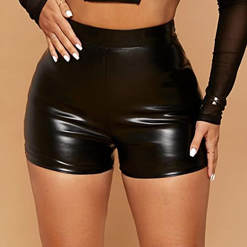 XDGBGFN Dames leren shorts PU korte broek middelste taille kunstleer hotpants zwart voor feest, dans, carnaval, zwart, M Slank