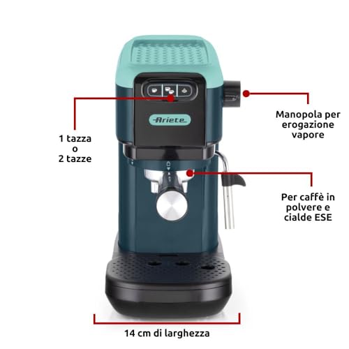 Image of Ariete 1399 Espresso Coffee Machine by Delonghi| Espresso, Cappuccino, Latte & More Recipe Options| Coffee Maker Machine for Home | 15 Bar Pressure, 1300 W| Espresso machines| 2-Years warranty (Green)