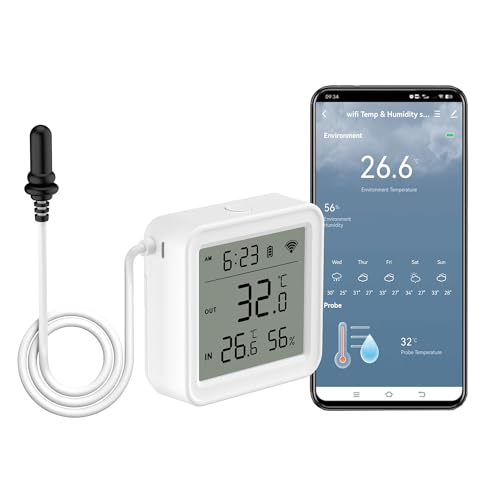 Termómetro higrómetro WiFi: sensor de humedad inteligente con sonda de sensor de temperatura, alarma de aplicación remota, monitor digital de temperatura para almacenamiento de alimentos, cerveza,