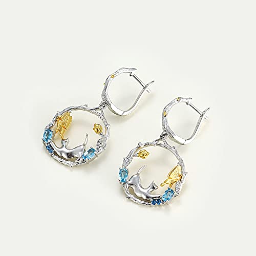 Swiss Blue Topaz Handmade Dangle Earrings Cat & Cupid Drop Earrings Genuine 925 Sterling Silver Latch Back Earrings For Women Girls Birthstone Dangling Earrings #TOP2