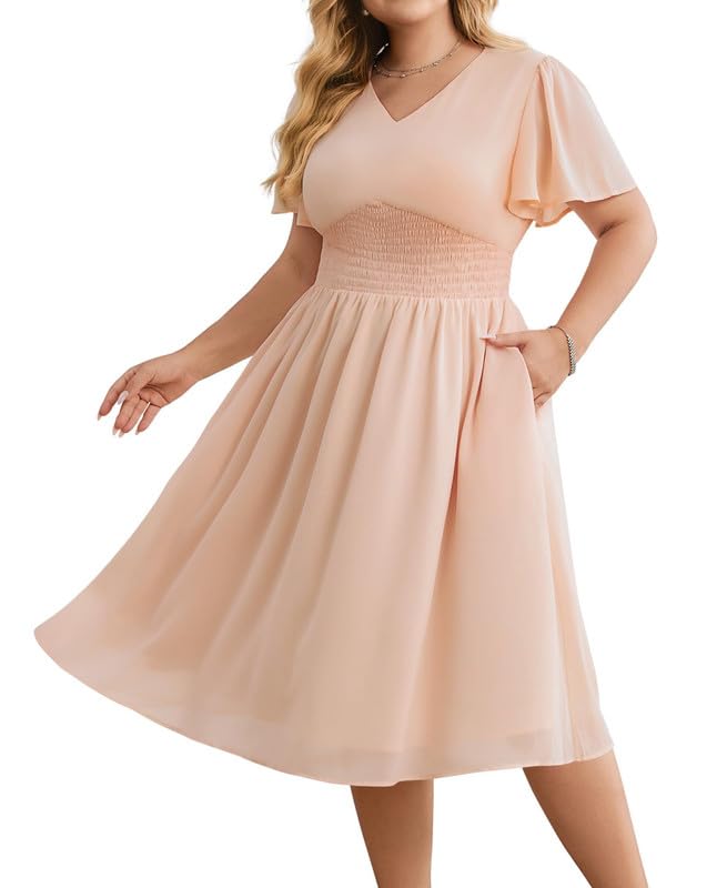 Hanna Nikole Grandi Dimensioni Donna Abiti In Chiffona Maniche Volant Abiti Casual Semiformale Estate Che Scorre Ospiti Di Sposa Abito Midi A Linea Abito Con Vita