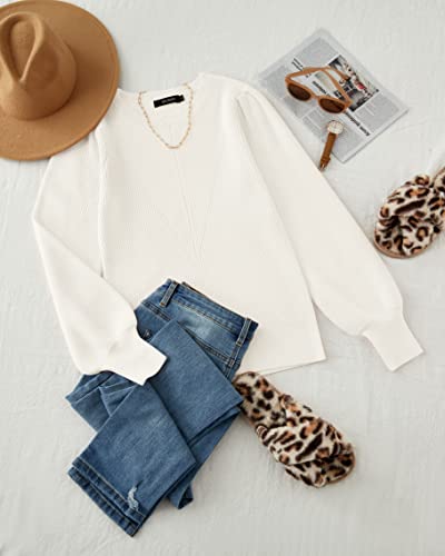 Tecrew Women's Puff Sleeve Crew Neck Pullover Sweater Casual Cozy Knit Slim Jumper Tops, White, Medium #TOP4