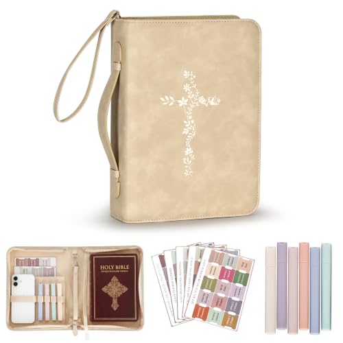 LISWIT Bible Cover for Women, Large Bible Case with Shoulder Strap - Durable PU Leather Carrying Bag Sleeve, Christian Gifts for Women (Beige/Gold)