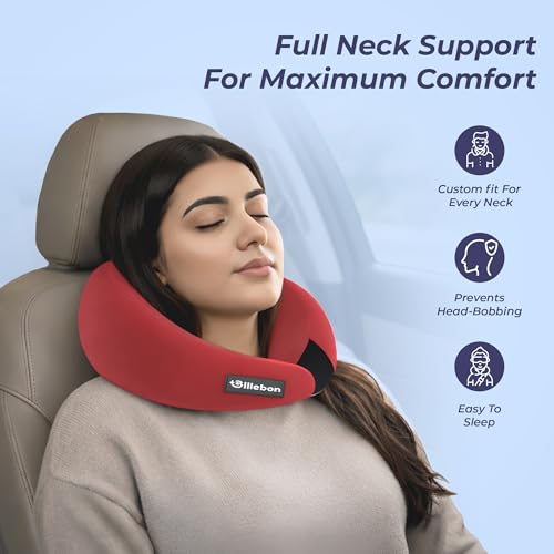 Image of Billebon Gel Infused Memory Foam Neck Pillow with Case, Travel Pillow with Adjustable Velcro Straps, Neck Pillow for Travelling & Flight Travel, Ergonomic Support for Comfort & Pain Relief (Red)