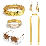 TIESOME Lot de 6 tenues disco pour femme des années 70 avec accessoires à paillettes, écharpe, lunettes de soleil, boucles d'oreilles et bandeau, pour carnaval, 144cm