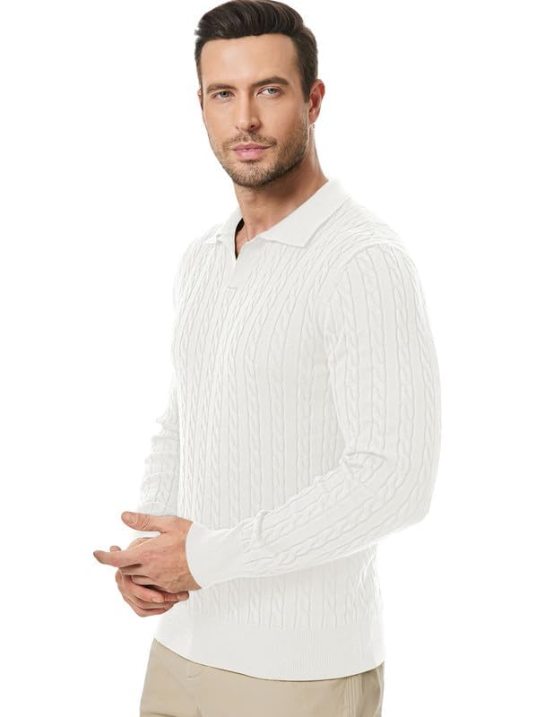 Men's Sweater V Neck Cable Knit Pullover Sweater Casual Long Sleeve Collared Twist Patterned Polo Sweaters4