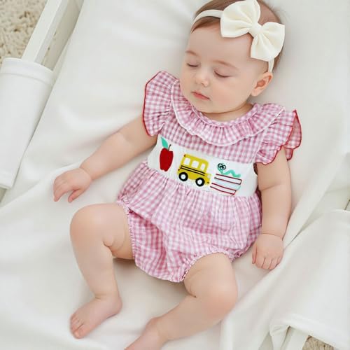 Baby Girl Back To School Outfit Cute Embroidery Fly Sleeve Plaid Smocked Romper Newborn Kindergarten Bodysuit2