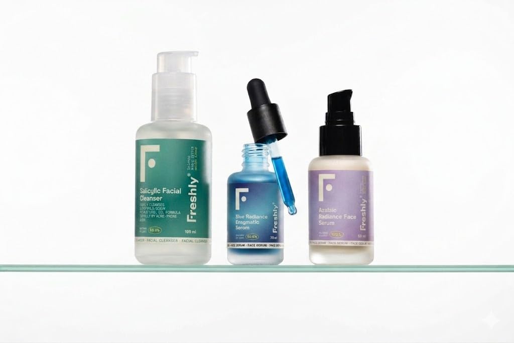 Freshly - Bye Bye Acné Pack – Limpiador Seborregulador - Sérum Exfoliante - Tratamiento Ácido Azelaico - Limpia, Exfolia y Unifica la Piel – 99% Natural - Aptos para Piel Sensible y Uso Diario