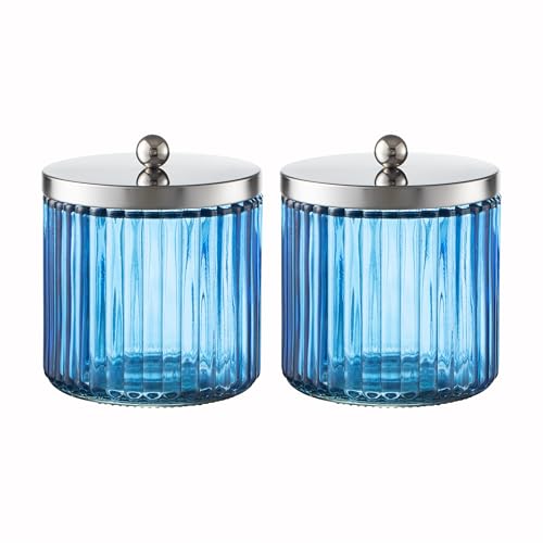 KMwares 2-Pack Glass Bathroom Jars - Blue Stripes Glass with