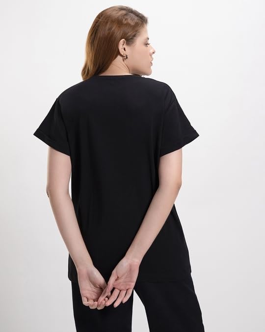 Image of Bewakoof Women's Typography 100% Cotton T-Shirt - Boyfriend Fit, Round Neck, Half Sleeves