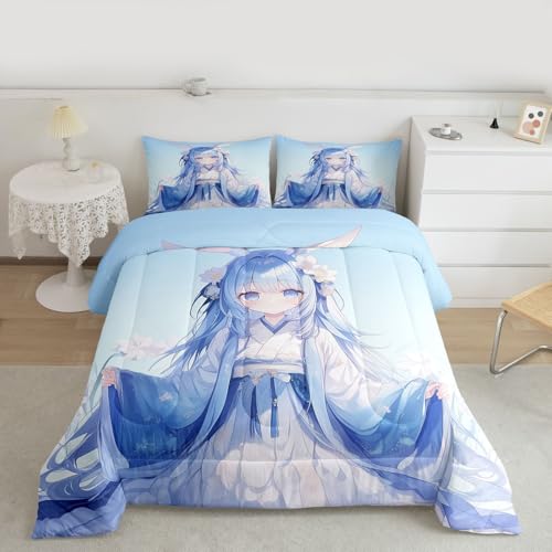 Image of Erosebridal Traditional Japanese Comforter Set, 3D Anime Bedding for Kids Girls, Kawaii Decor With Blue Butterfly, Down Comforter Full Size