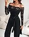CHICME Women Off Shoulder Long Sleeve Black Jumpsuit Floral Embroidery Lace Overalls Casual Wide Leg Rompers with Belt Black-L