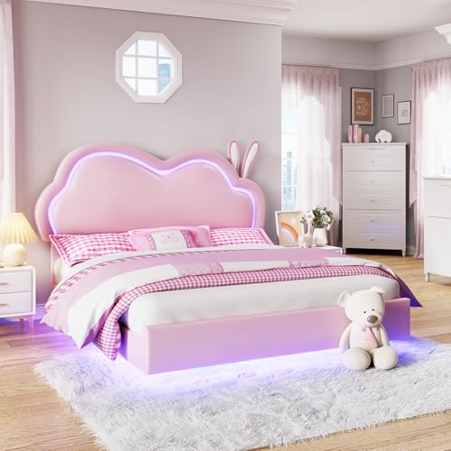 LUXOAK LED 90 x 200 cm Bettgestell für Mädchen, Gepolstertes Schwebebett mit Süßem Wolken-Kopfteil, Leder, Rosa