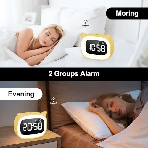 Aoreun Wecker Digital Kinder, Dual-Wecker mit licht Digital, Cute Katzen Kinderwecker Nachttischlampe Snooze Funktion 18 Musik 5 Helligkeitsmodus, zeitgesteuertes Nachtlicht wecker (Gelb)