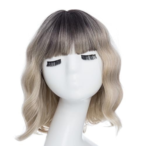 BUYOGET Wavy Bob Wig with Bangs Synthetic Hair Shoulder Length 12 Inch Short Curly Wigs for Women Ombre Blonde - Image 2