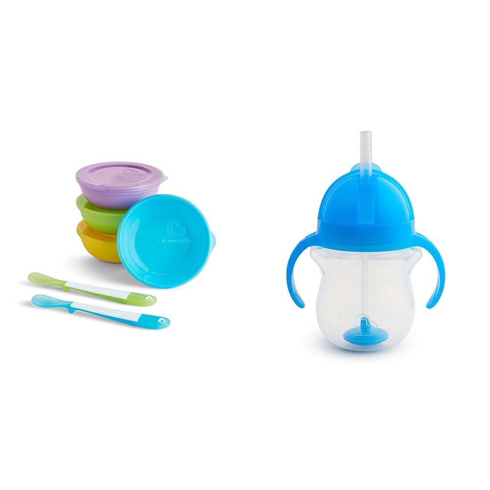 MunchkinLove-a-Bowls™ 10 Piece Baby Feeding Set, Includes Bowls with Lids and Spoons, Multicolor & Any Angle™ Weighted Straw Trainer Cup with Click Lock™ Lid, 7 Ounce, Blue